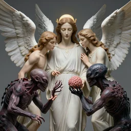 christian angels with wings fighting with aliens brainsuckers, perfect face, fine details, studio lighting, subtle shadows, art by katsuya terada, photorealism, hyper realism, octane render, hyper detailed, canon eos r 3, f / 1. 4, iso 2 0 0, 1 / 1 6 0 s, medium shot, 8 k, raw, unedited, in - frame,