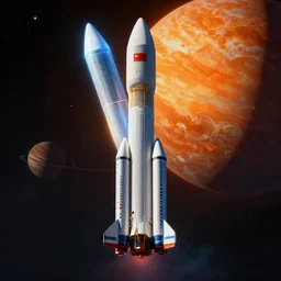 Blue Ariane 6 in space, Orange planet, digital art, highly detailed