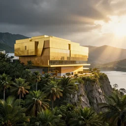 photo of a golden modern multiple stories huge museum with window and wooden slabs in palm lush forest on a cliff and mountains in russia next to lake, artificial volumetric lighting, snohetta, norman foster, god sun rays, golden hour atmosphere, moody vibrant dramatic cinematic rendering,