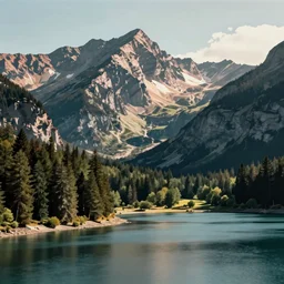 mountains, trees, and lake, retrowave