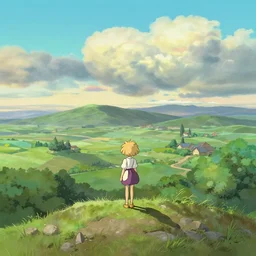 illustration of a small blonde girl with her back turned towards us standing on top of a large hill overlooking a vast landscape containing every biome, the sky is beautiful, illustrated by Hayao Miyazaki