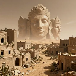 overgrown old cityscape ruins with intricate details, on the desert of mars, a huge god like face in the distance, insanely detailed faces by artgerm ; natural portrait 3 d, disney pixar style. cinematic, intricate, clean, crisp, highly detailed stunning realistic, award winning, trending on artstation