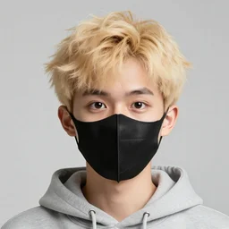 professional digital art of a cute young adult man with blonde fluffy messy hair and wide eyes wearing a black face mask and a gray hoodie, high quality, HD, 8K, highly detailed, award-winning