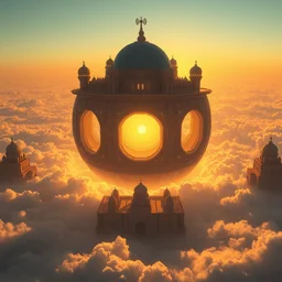 futuristic technologically advanced persian solarpunk civilization, highly detailed, temples on the clouds, one massive perfect sphere, bright sun magic hour, digital painting, solid cube of light, hard edges, artstation, concept art, sharp focus, illustration, 8 k highly detailed, ray - traced