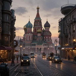 a large dieselpunk and steampunk city street at dusk in russia during the 1 9 1 0 revolution, craig mullins