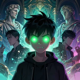 A digital matte illustration concept art of young Danny phantom with glowing green eyes and fangs cute alt art fashion inspired art by Charlie Bowater and Artgerm and Mark Arian and Ross Tran + neon colors, wakfu colors + symmetry + greco-roman art, intricate complexity, epic composition, magical atmosphere, highly detailed, cinematic lighting + masterpiece, trending on artstation pixiv + 8k