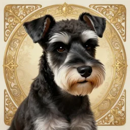 portrait of stoic looking miniature schnauzer, black fir, white eyebrows, fantasy, intricate, elegant, highly detailed, digital painting, artstation, concept art, smooth, sharp focus, illustration, art by artgerm and greg rutkowski and alphonse mucha