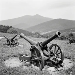 artillery pieces entrenched with a beautiful background of hills and mountains, black and white photography, 1 9 0 5