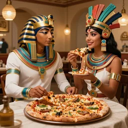 an Egyptian god on a date with Aztec goddess at a divine pizza place in the style of Akira toriyama Trending on artstation DeviantArt Pinterest furaffinty Photorealistic HD 8k highlights and shadow detailed High Resolution