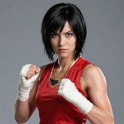 a portrait of korra, hyper realistic, 8 k hdr movie, muscular, wearing red tanktop vest with gold lining, white bandages on fists, black hair, short - medium length hair, serious, style by donato giancola, wayne reynolds, jeff easley dramatic light, high detail, cinematic lighting, artstation, dungeons and dragons
