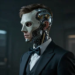 an evil young engineer man with cybernetic enhancements wearing a suit and bowtie, detailed mask, scifi character portrait by greg rutkowski, esuthio, craig mullins, 1 / 4 headshot, cinematic lighting, dystopian scifi gear, gloomy, profile picture, mechanical, half robot, implants, steampunk