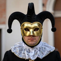man in venetian jester mask, hyper realistic, portrait. detailed