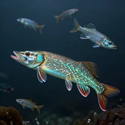 electronic glowing pike fish, cybernetic, glowing veins subsurface scattering, underwater photography, by gerald brom, by mikhail vrubel, by peter elson, muted colors, extreme detail, trending on artstation, 8 k