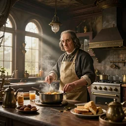 [Benjamin Franklin is wearing an apron and cooking breakfast inside a steampunk kitchen], liminal space, high detail, rendered in unreal engine, 3d render, god rays, volumetric lighting, HDR, subsurface scatter, mansion, interior, large windows, rich house