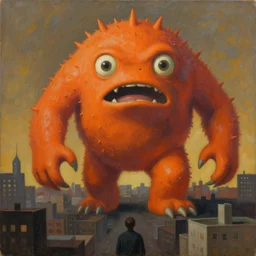 by ernie barnes, by nicolas mignard flickr, cinnabar cosy, rigorous. a beautiful painting of a large, orange monster looming over a cityscape. the monster has several eyes & mouths, & its body is covered in spikes. it seems to be coming towards the viewer, who is looking up at it in fear.