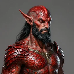 upper body portrait, male tiefling with red scales and black beard, highly detailed, ray tracing, digital painting, artstation, concept art, smooth, illustration