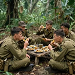 A group of American soldiers sitting down and eating while chatting, Vietnam War, Jungle, realistic, detailed, 4k, HDR
