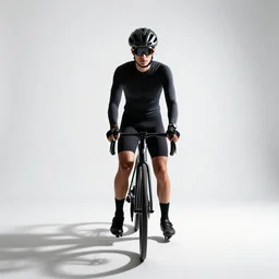 petite cyclist with helmet, cinematic studio photo, full body, standing, isolated on a pure white background, centered, whole figure in frame, sharp focus, studio lighting