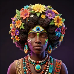 an african marijuanna! shaman with an afro made of flowers, third eye art art by machina infinitum, complexity from simplicity, rendered in octane, mandelbulb 3 d, ambient occlusion, macro photography, felt!!! texture, tribal, neon! retrowave