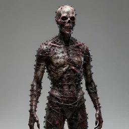 a mannequin bound in barbed wire, horror art, dark, creepy, very detailed render, sharp, 8k, cgsociety