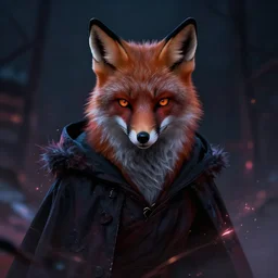 portrait, dark mage fox, greg rutkowski, wlop, artgerm, cinematic lighting, magic particles, glow, artstation