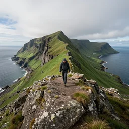 a hyper detailed photo of walking across a summit of a beautiful green clifs by the sea, scotland, photorealistic, unreal engine 5, 8 k post production, cinematographic, ray tracing, v - ray, octane render, go pro, artstation trending, concept art