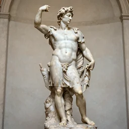 epic and dramatic view of dressed roman god sculpting himself statue made in tannish polished marble, carrara marble wall i the background, realistic and ultra detailed by bernini, 8 k