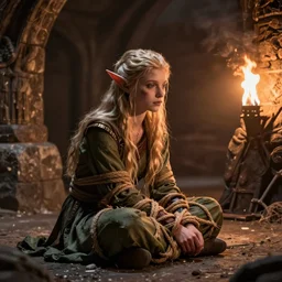 an injured elf, tied up on the ground, stone room, torchlight, fantasy, concept art