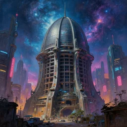 a beautiful photorealistic painting of domed city unfinished building by frank lloyd wright, sci - fi neon signs liberty city bladerunner 2 0 4 9 cgsociety forest fantasy steampunk water synthwave infrared nightsky cosmic at dawn lightpaint galactic apocalyptic cyberpunk elysian magic realism vice city, archdaily, wallpaper, highly detailed, trending on artstation.