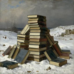 painting of a huge pile of books on the middle of a valley in winter, rembrandt, chiaroscuro, incredible detail, volumetric light