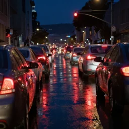 cars waiting for traffic light in san francisco at night, taillights, puddles, reflections, wet street, jeremy mann, casey baugh