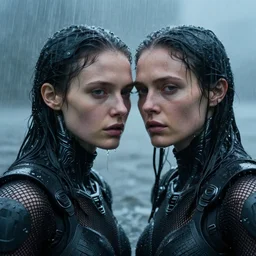 cinestill 5 0 d candid photographic portrait by helen levitt of two loving female androids wearing rugged black mesh techwear in treacherous waters, extreme closeup, modern cyberpunk moody emotional cinematic, pouring rain, 8 k, hd, high resolution, 3 5 mm, f / 3 2, ultra realistic faces, ex machina