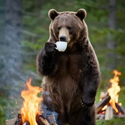 a candid photo of a bear holding a cup, drinking a coffee, by the campfire, standing up