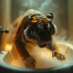 fierce tiger stalks it's prey in the steamy bathroom basin, atmospheric lighting, dramatic, intricate painting by greg rutkowski, ruan jia, tom bagshaw