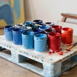 pallet of paint in a table, with a blend of blue and red on a canvas