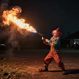 photo of a clown using a flamethrower projecting a long flame. Cinematic, epic