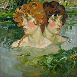 hyperrealist portrait in a river, green water algae by alphonse mucha and lucian freud, very detailed faces