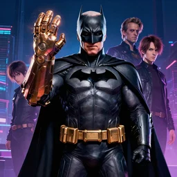 Joe Biden as batman with the infinity gauntlet, epic, rendered by Beeple, Makoto Shinkai, syd meade, simon stålenhag, badass, synthwave style, digital art, unreal engine, WLOP, trending on artstation, 4K UHD image, octane render,