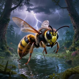 photo of a crazy wasp, warped reality, cinematic lighting, magical forest, thunderstorm, flood, fantasy landscape, artstation, art by alison watt, altichiero, americo makk, arthur hughes