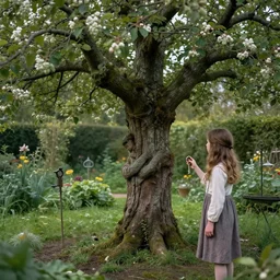 a man has become an apple tree in a secret garden. a girl holds a key. folk horror. fine detail. realistic