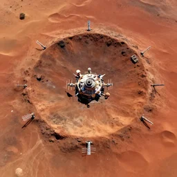very high resolution, fine detail, 4 k, aerial photo looking down from above on a large crater with a space colony around it, on the surface of mars, red desert dunes