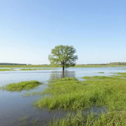 flooded plains landscape. solitary tree. clear sunny day at noon. grass islands up close. grass islands. flood waters. max rive, 1 6 megapixel, instagram, landscape, hdri, light blue sky