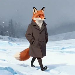 an anthropomorphic fox man wearing a long coat walking across a glacier, hands in pockets, blizzard, character illustration by Aaron Miller, Greg Rutkowski, thomas kinkade, disney, El Greco, Cynthia Sheppard