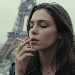 cinematic close up portrait of a woman smoking a cigarette in paris environment by roversi, pale tonal matt, head in focus