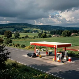 A gas station in a highway in country side, realistic shot, William Eggleston style