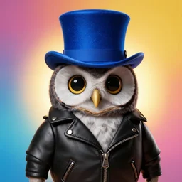 cute owl wearing black biker jacket, portrait photo, backlit, studio photo, background colorful, tophat, kobalt blue, tophat, stone