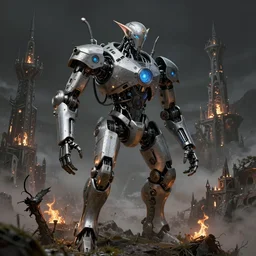 mech robot futuristic, beautiful secret city of the elves gondolin on top of a mountain, magical gloomy mystical, under attack. by konstantin razumov, fractal flame, chiaroscuro, highly detailded,