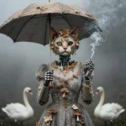 photographic portrait of sad max ernst woman cat face robotic dried melting floral fungus with spiraling cigarette smoke, wearing a dress, holding an umbrella and a swan, in fog, editorial