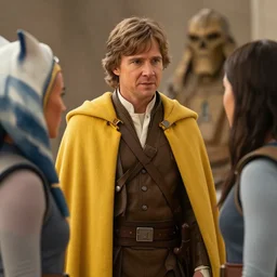 cinematic still image screenshot portrait of luke skywalker in yellow cape / talking to maz kanata from the force awakens / ahsoka tano is listening / mara jade stands by / dramatic scene from force awakens crisp 4 k 7 0 mm imax, moody iconic scene, directed by jj abrams, beautiful glowing backlit, forest pink fog planet