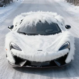 a sports car covered entirely in long white fur from front to back